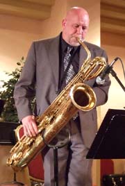 Scott Vicroy on baritone sax [Photo by Tom Ineck]