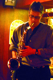Vogt blowing tenor sax on a gig [Photo courtesy Andrew Vogt]