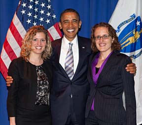 Rebecca Kaiser (left) and her spouse, Natalie Wagner, meet President Barack Obama in Boston. [Courtesy Photo]
