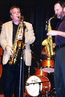 Ken Peplowski on tenor (left) and Brent Jensen on alto face off. [Photo by Tom Ineck